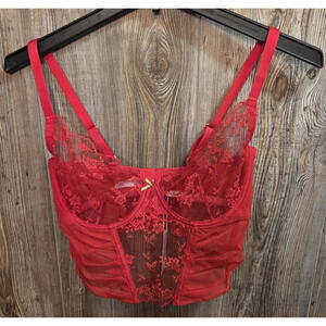 Adore Me Avara Cropped Bustier Bra Red Lace Women's Size 36DDD {NEW w/ TAGS}